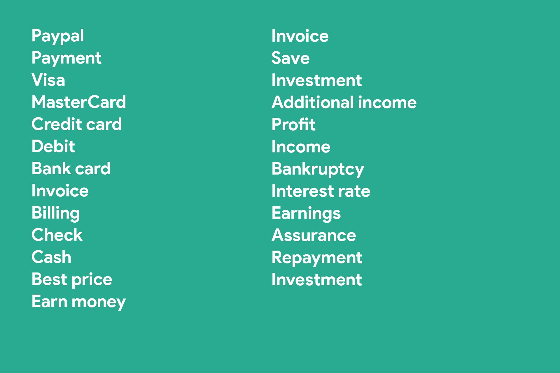 Words related to the idea of money and payment