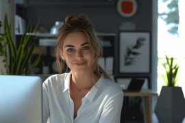 Woman smiling at home office desk.