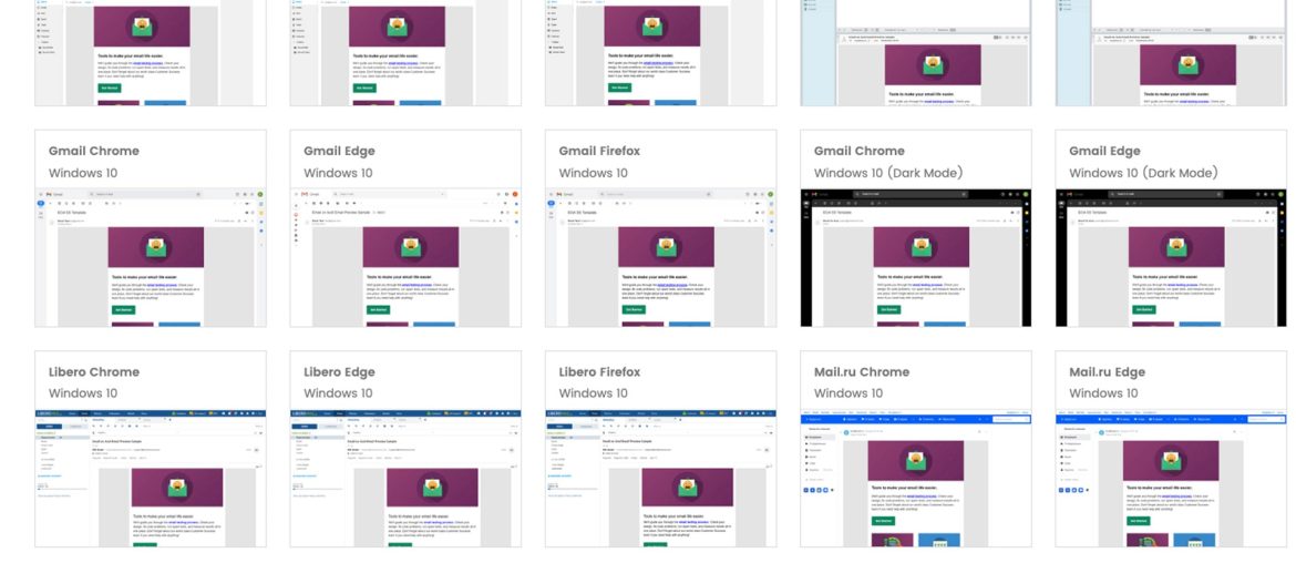 Email layout previews in different browsers on Windows 10.