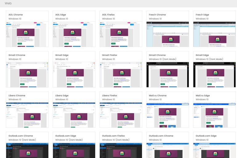 Email layout previews in different browsers on Windows 10.