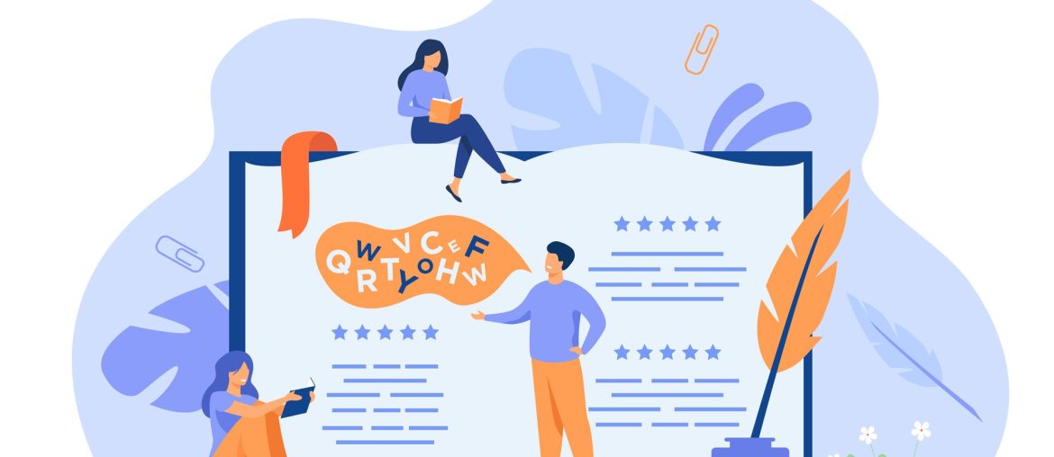 Illustration of people reading and presenting documents.