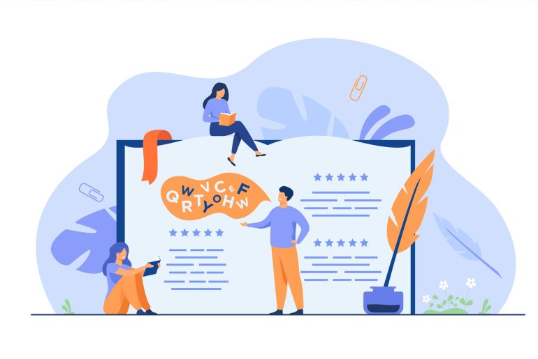 Illustration of people reading and presenting documents.