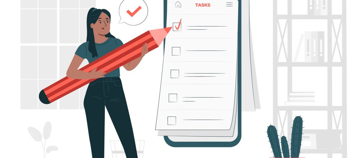 Illustration of woman checking off tasks on clipboard.