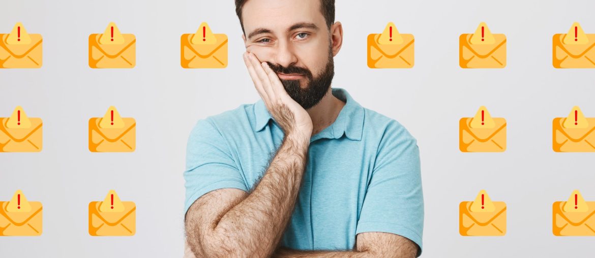 Frustrated man surrounded by email alerts