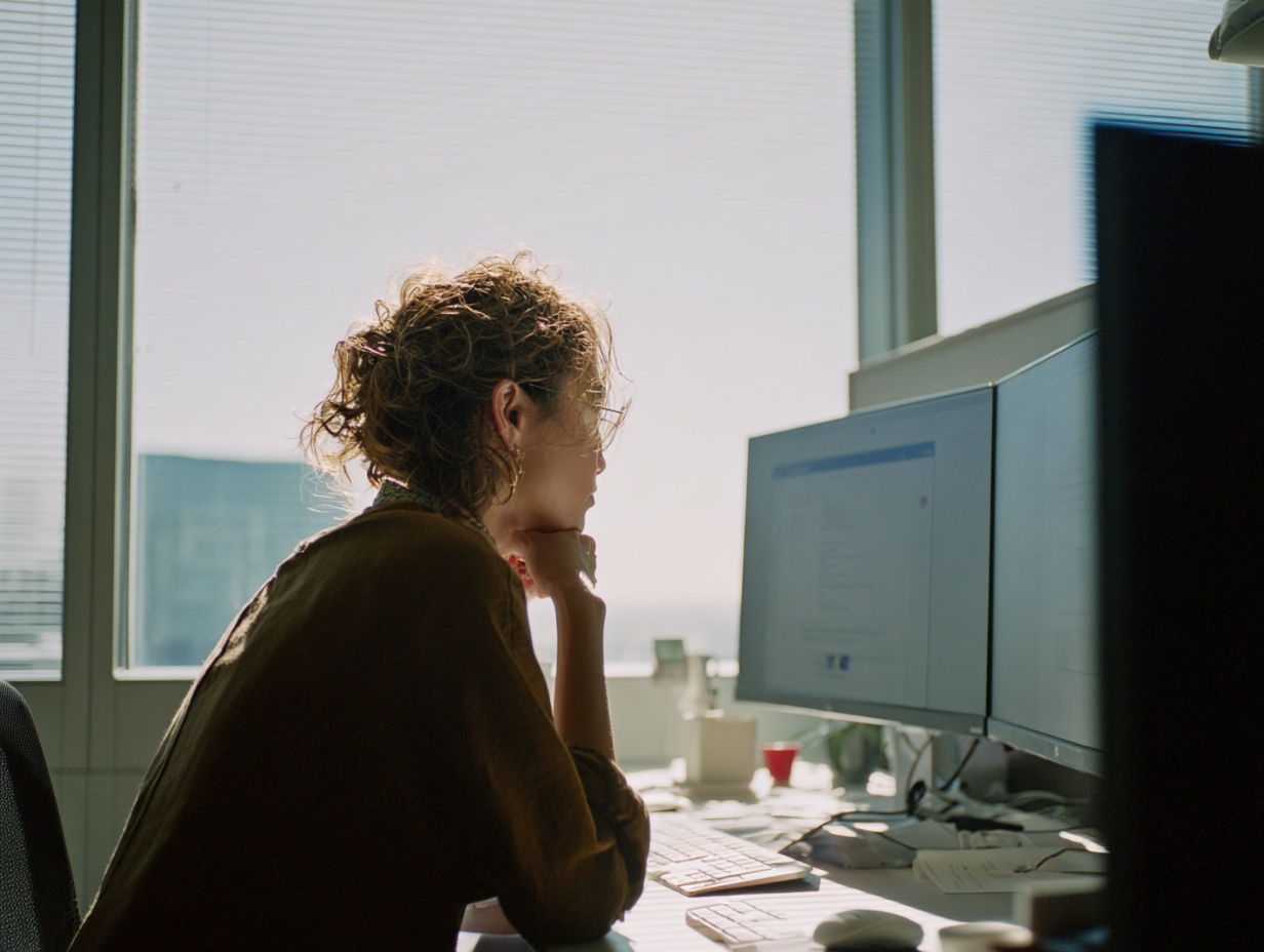 Woman working at computer in sunlit office.