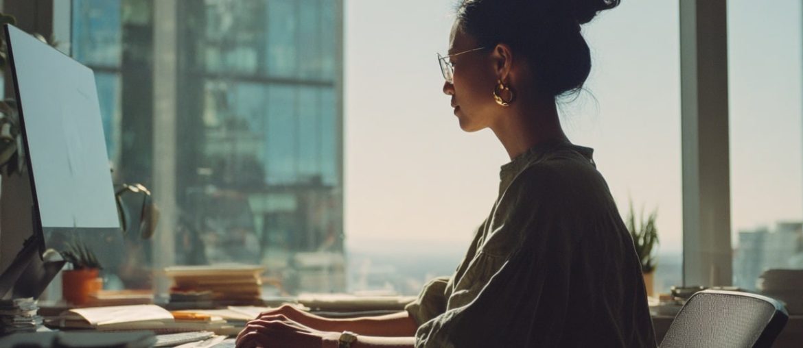 Woman working on computer near office window.