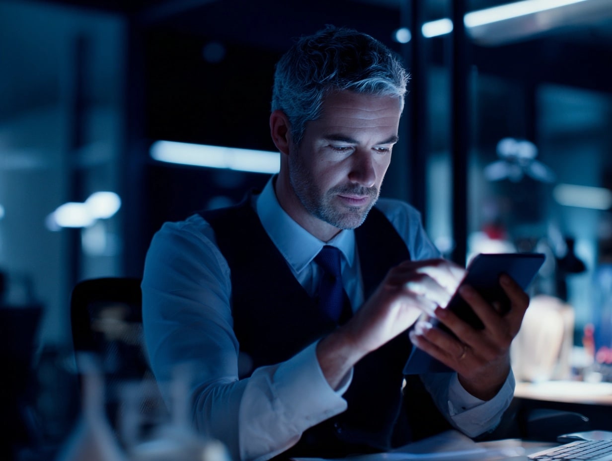 Man working on tablet in dimly lit office