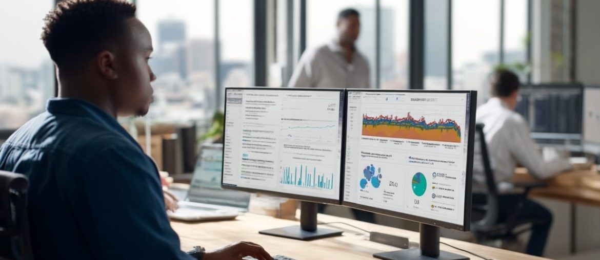 Man analyzing data on dual computer screens.