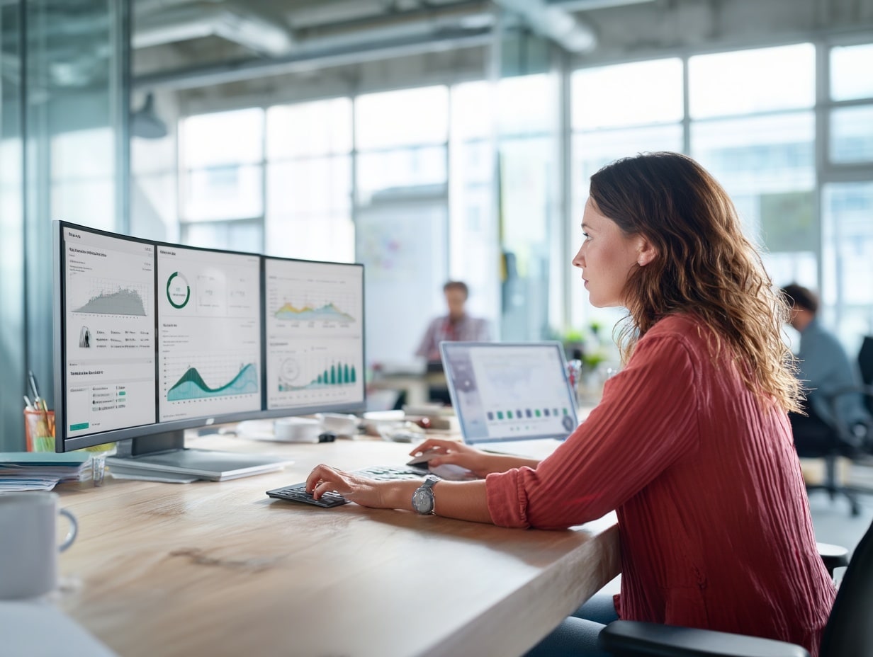Woman analyzing data on multiple computer monitors.