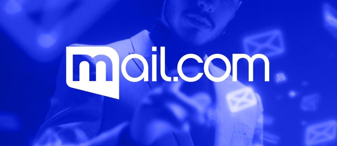 Person interacting with digital mail icons and logo.