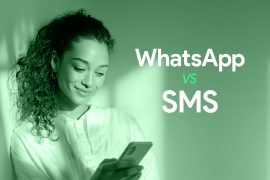 Comparison WhatsApp and SMS, woman using phone.