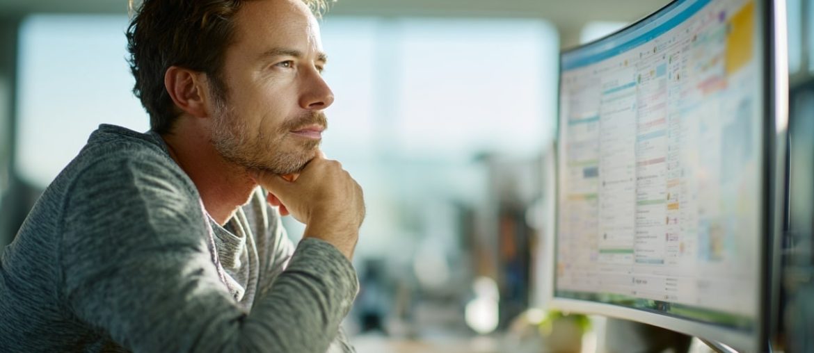 Man looks at a computer screen, deep in thought.