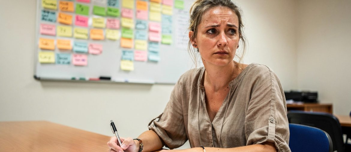 Worried woman in work meeting
