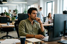Thoughtful man at his desk in an open space office