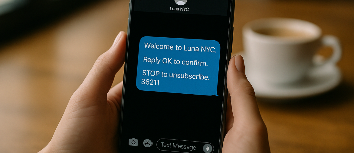 Feminine hands holding a smartphone displaying an SMS opt-in from Luna NYC with OK confirmation and STOP keyword