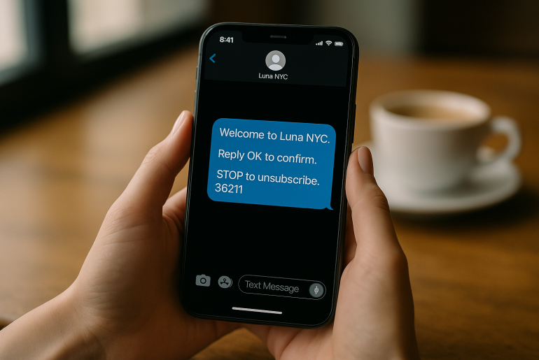 Feminine hands holding a smartphone displaying an SMS opt-in from Luna NYC with OK confirmation and STOP keyword
