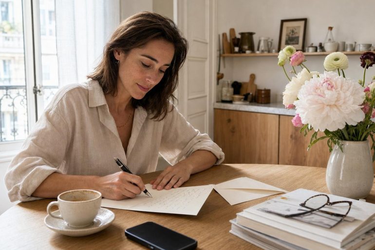 Woman in her thirties writing a handwritten Mother's Day card in a bright Parisian kitchen