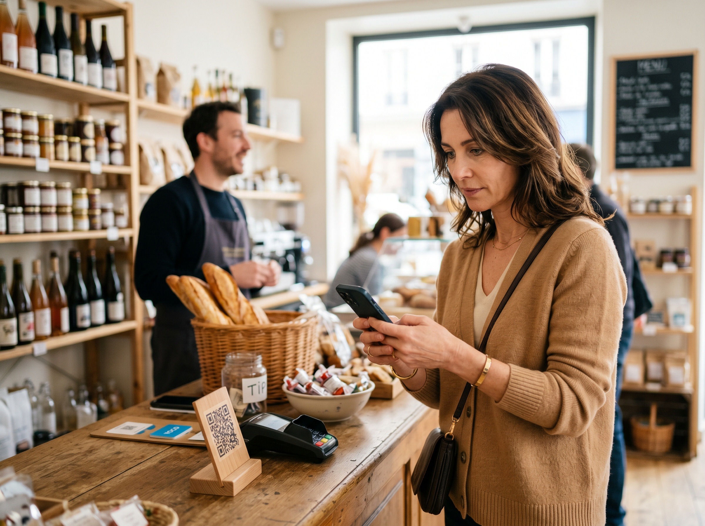 Customer scanning a QR code with their smartphone near the payment terminal of a neighborhood grocery store