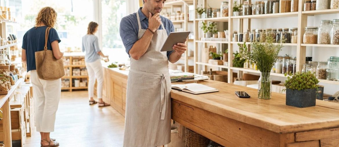 Local Email Marketing: Build Customer Loyalty for Your Local Business Merchant using tablet in modern bulk grocery store
