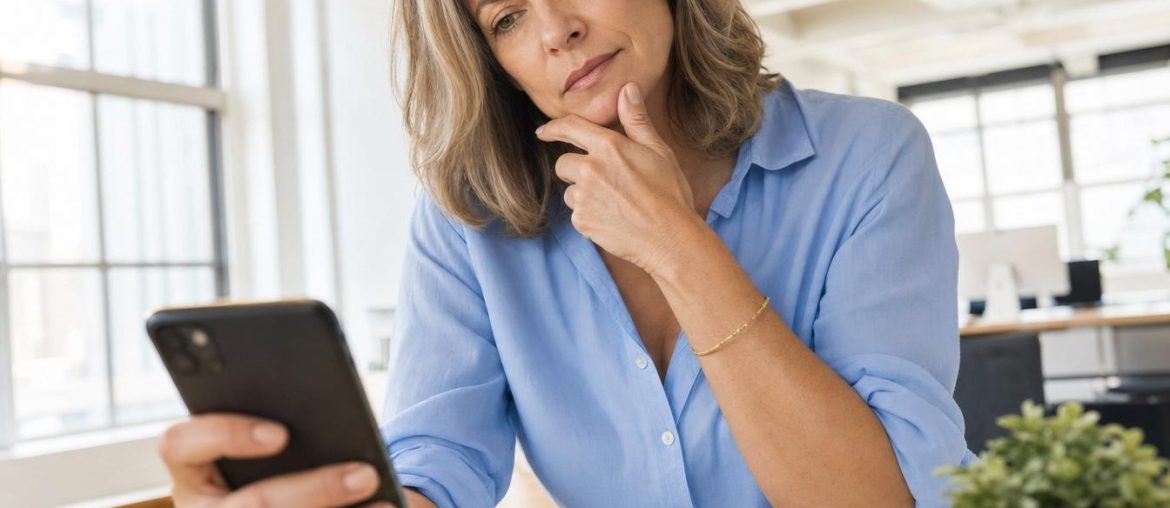 Woman thinking while checking her smartphone at the office