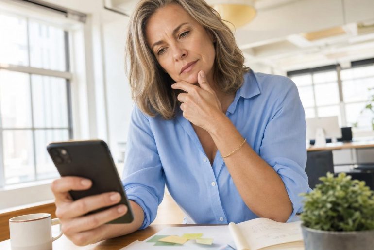 Woman thinking while checking her smartphone at the office