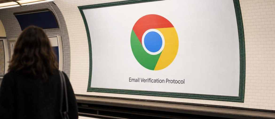 Advertisement on a Parisian metro platform displaying the Google Chrome logo and the name Email Verification Protocol