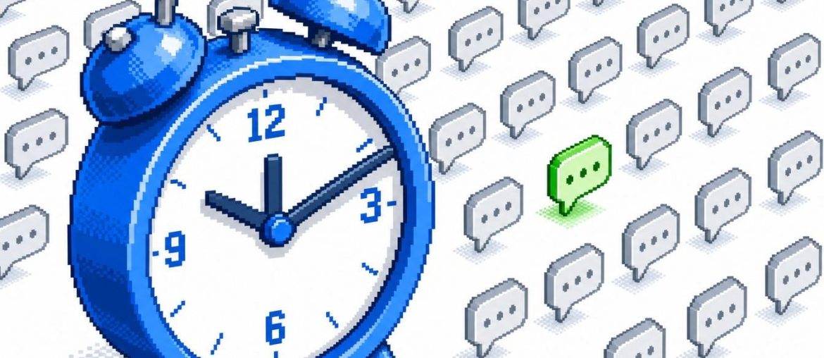 What’s the Best Time to Send SMS Marketing Messages? Pixel art illustration of a giant isometric clock surrounded by identical grey SMS bubbles, with a single green bubble standing out to symbolize the right time to send a marketing SMS