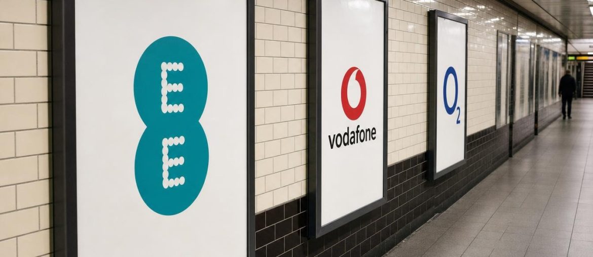 Posters for UK mobile networks EE, Vodafone and O2 in a London Underground corridor