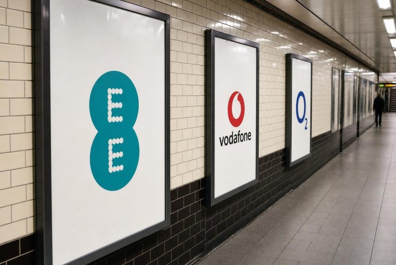 Posters for UK mobile networks EE, Vodafone and O2 in a London Underground corridor