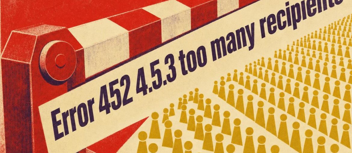 Poster with a constructivist screenprint: a red-and-white barrier lowered carries the error message "Error 452 4.5.3 too many recipients" in front of a crowd of yellow pawns arranged in blocks.