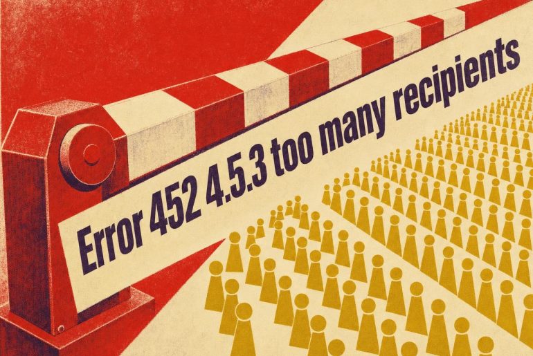 Poster with a constructivist screenprint: a red-and-white barrier lowered carries the error message "Error 452 4.5.3 too many recipients" in front of a crowd of yellow pawns arranged in blocks.