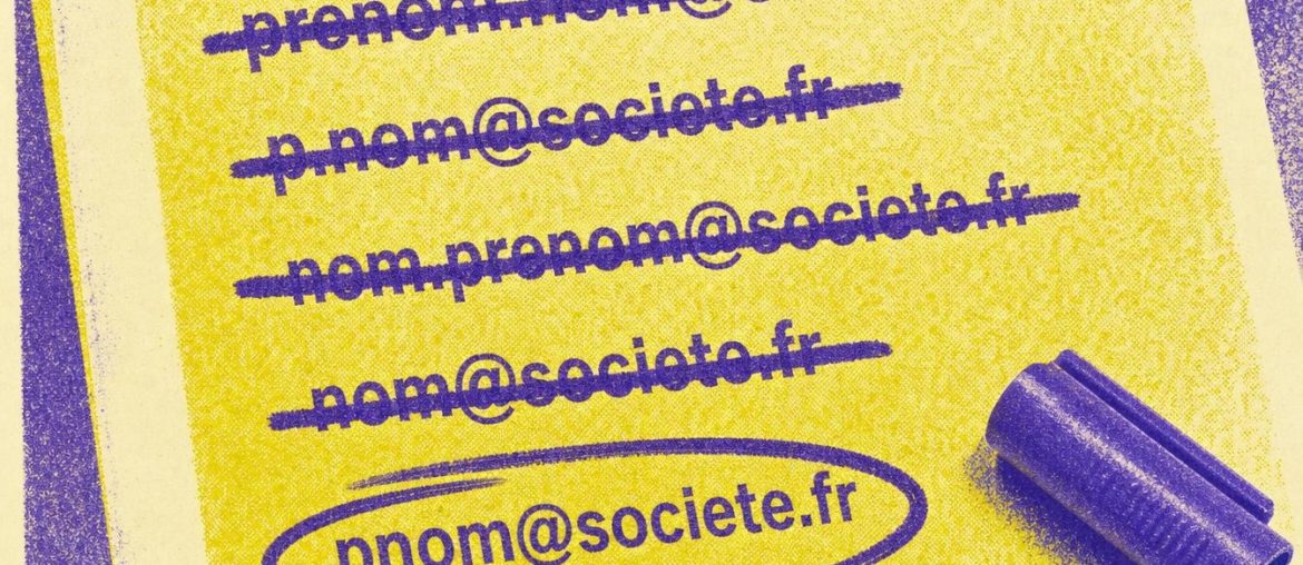Yellow card with four email address variants crossed out and pnom@societe.fr circled in purple marker