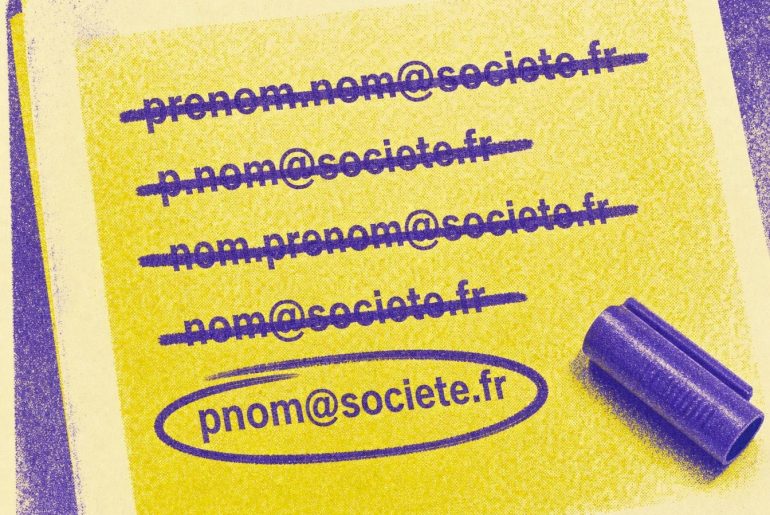 Yellow card with four email address variants crossed out and pnom@societe.fr circled in purple marker