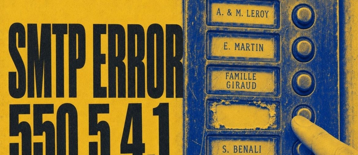 Building intercom panel with a torn-off nameplate, illustrating SMTP error 550 5.4.1