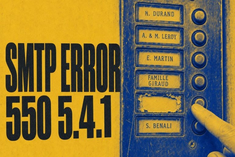 Building intercom panel with a torn-off nameplate, illustrating SMTP error 550 5.4.1