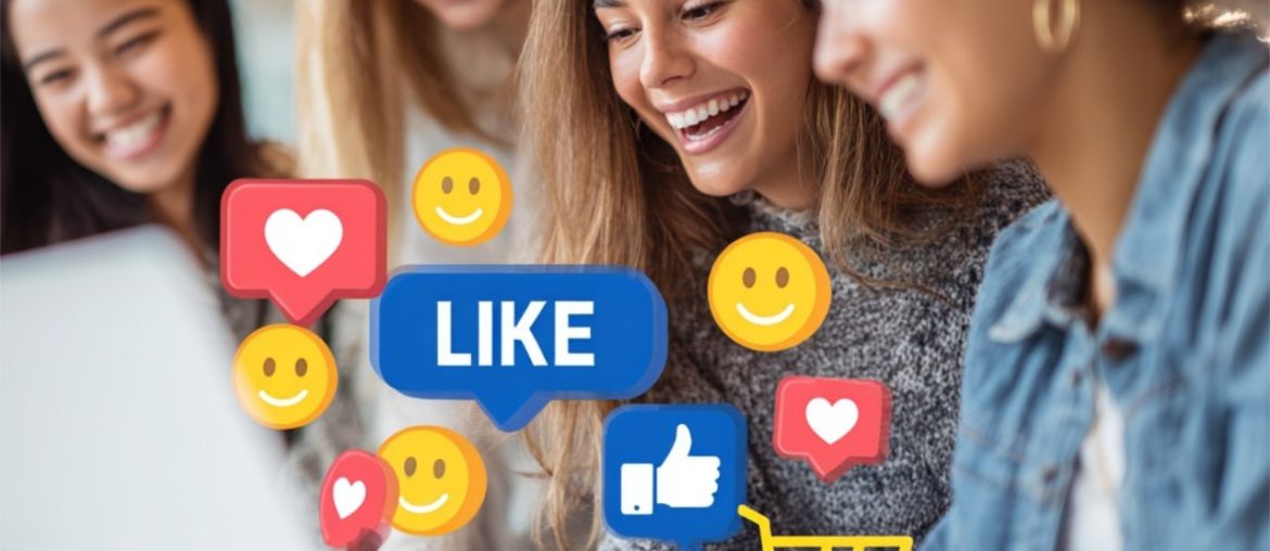 Lachende Freunde am Laptop mit Social-Media-Icons