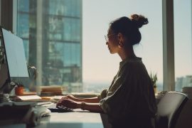 Frau arbeitet am Computer vor Fenster