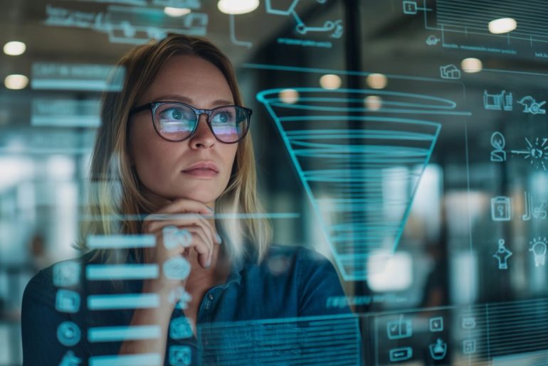 Frau betrachtet digitalen Bildschirm mit Datenvisualisierung.