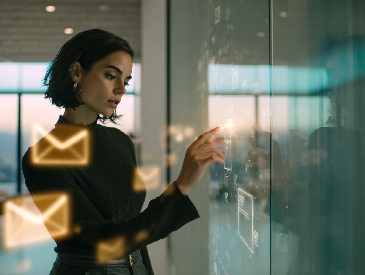 Frau tippt auf digitalen Bildschirm mit E-Mail-Symbolen.