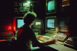 Person vor mehreren alten Computermonitoren