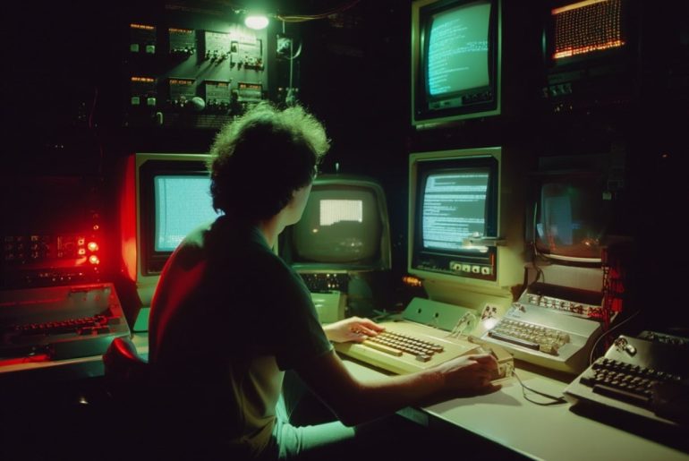Person vor mehreren alten Computermonitoren