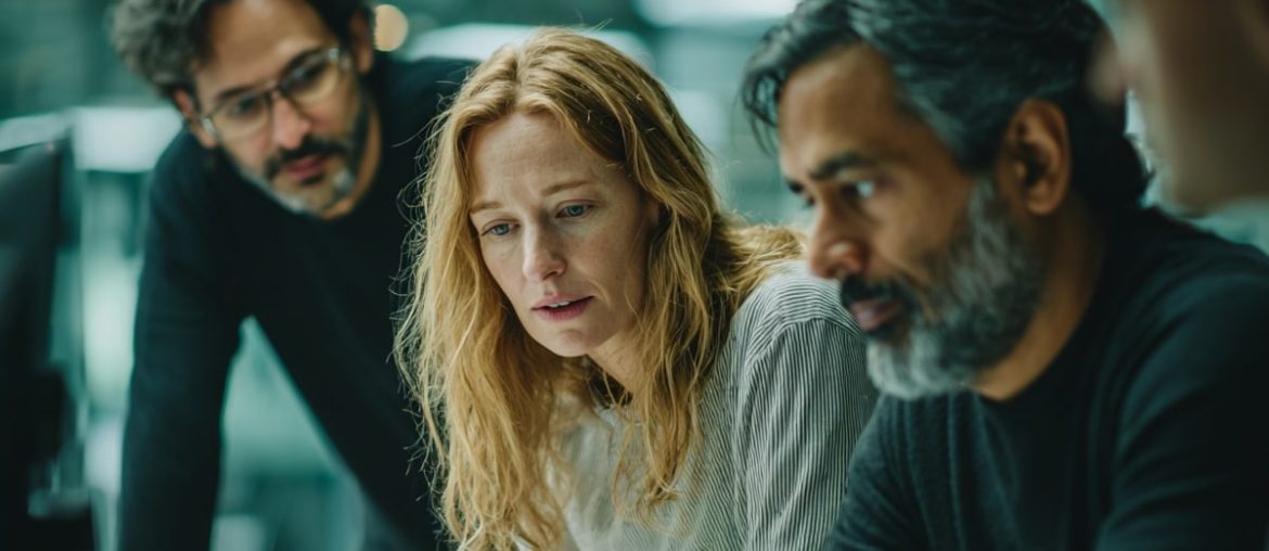 Personen diskutieren um einen Computer herum.