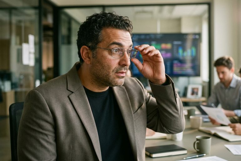 Mann denkt bei einem Meeting im Büro nach