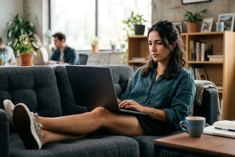 Frau arbeitet am Laptop