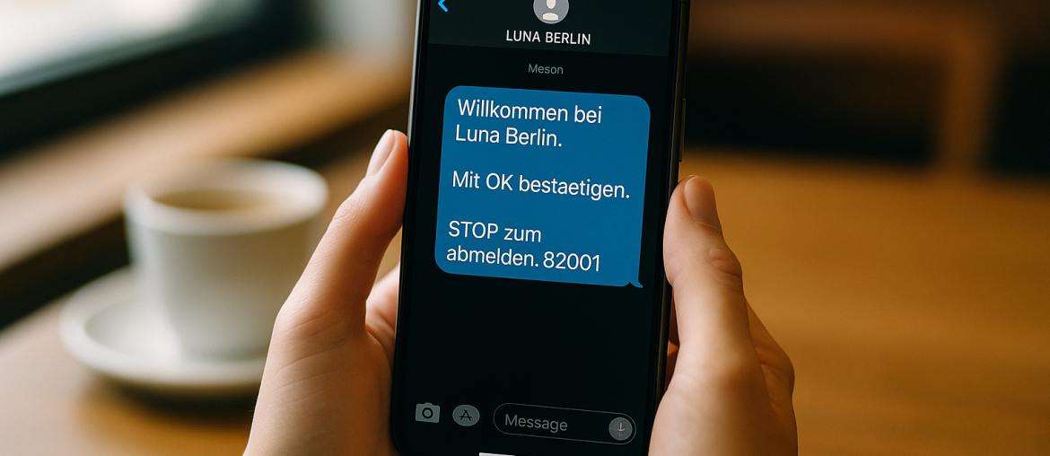 Weibliche Hände halten ein Smartphone mit einer Luna Berlin SMS-Opt-in-Nachricht und STOP-Keyword