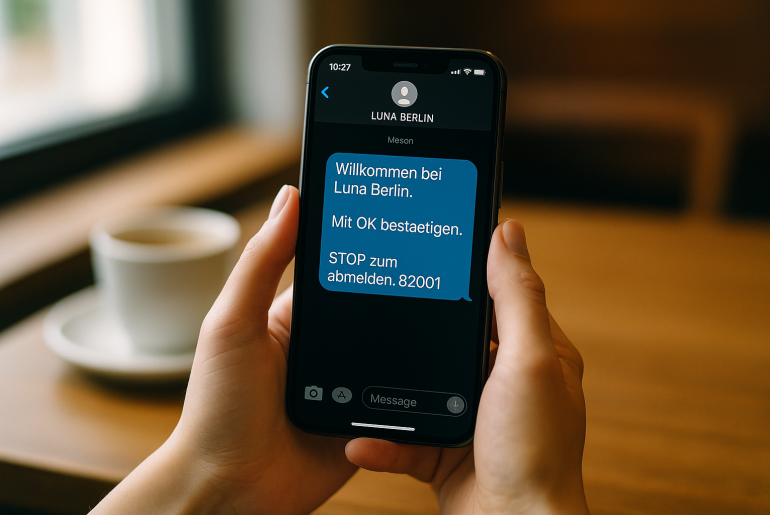 Weibliche Hände halten ein Smartphone mit einer Luna Berlin SMS-Opt-in-Nachricht und STOP-Keyword