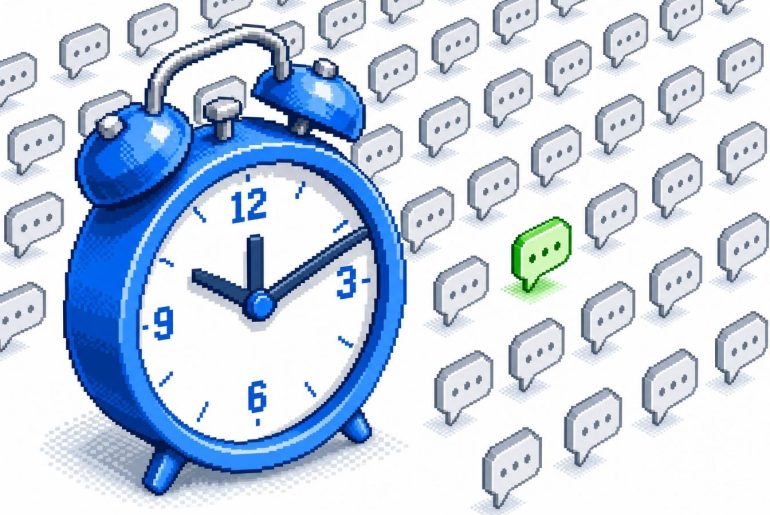Pixel-Art-Illustration einer gigantischen isometrischen Uhr, umgeben von identischen grauen SMS-Blasen, wobei sich eine einzelne grüne Blase abhebt, um den optimalen Zeitpunkt für den Versand einer Marketing-SMS zu symbolisieren