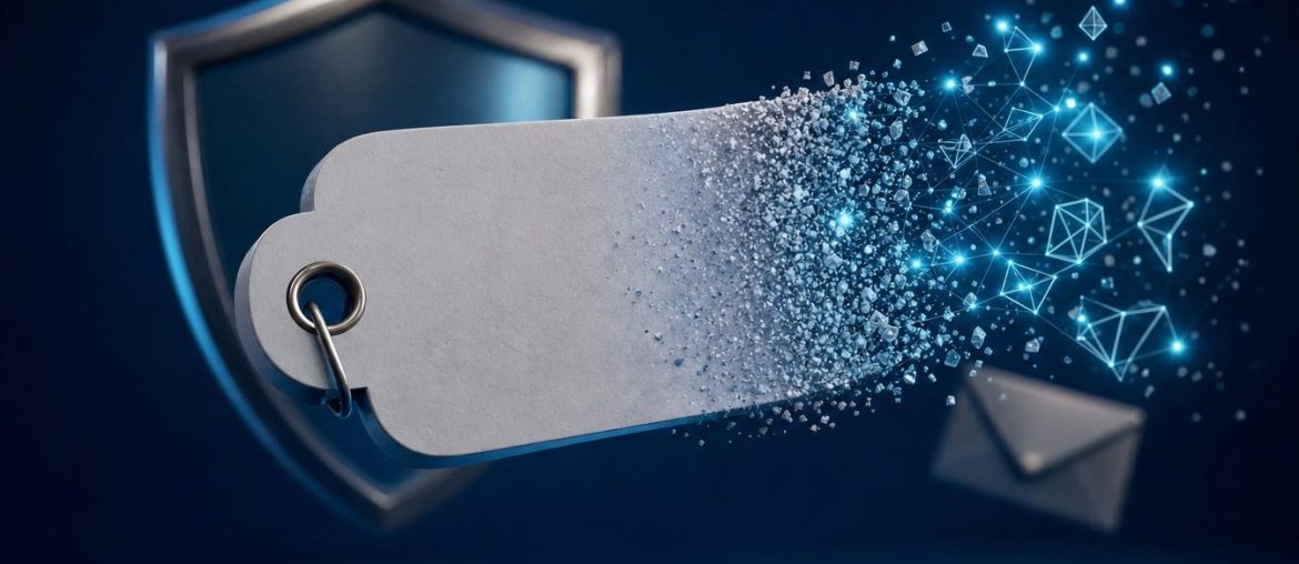 DMARCbis 2026: Das ändert sich und welche DNS-Einträge müssen vor der Migration korrigiert werden Digitales Etikett zerfallend vor Cybersicherheitsschild
