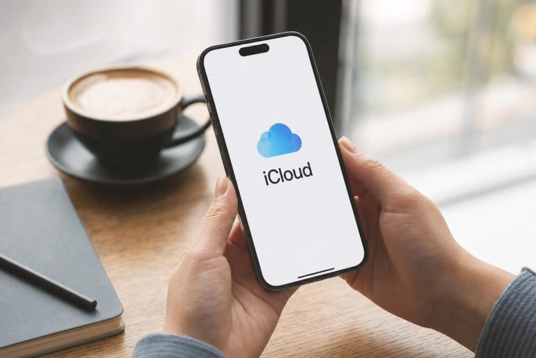Hände halten ein iPhone mit dem iCloud-Logo