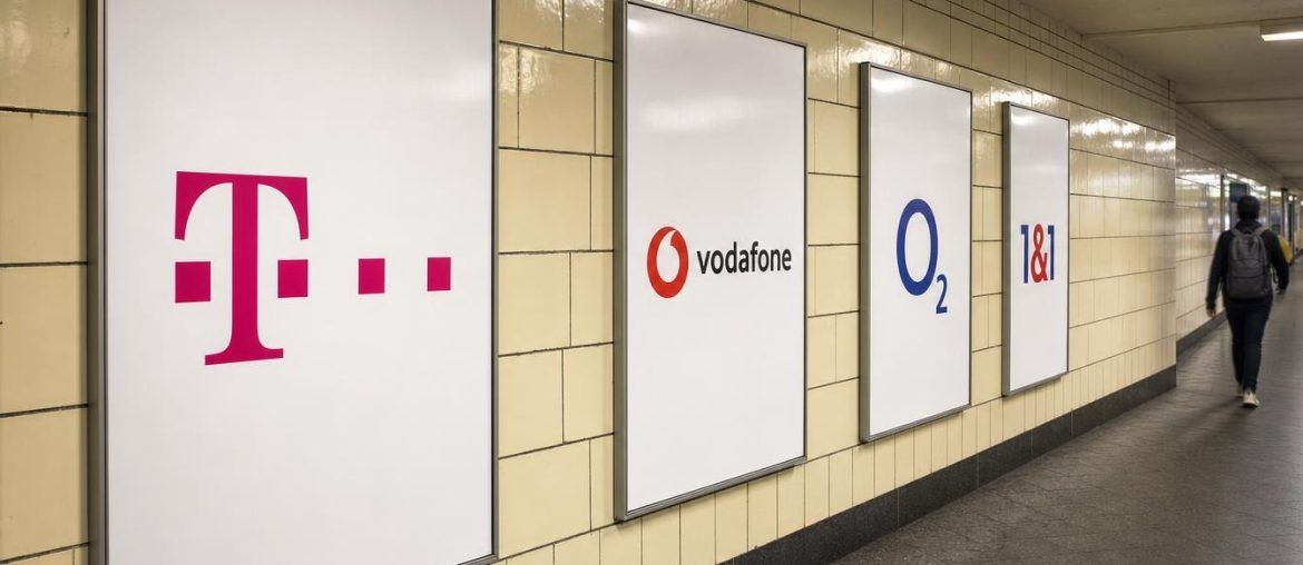 SMS-Zustellbarkeit: Was Ihre Nachrichten bei Betreibern blockiert Plakate der Mobilfunknetzbetreiber Telekom, Vodafone, O2 und 1&1 in einem U-Bahn-Gang